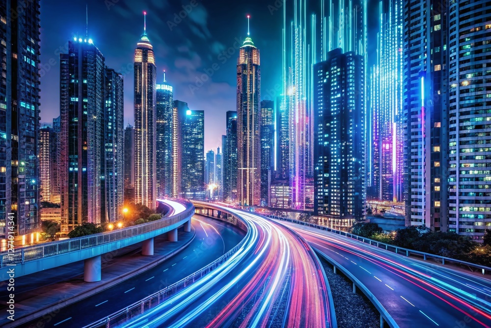 Fototapeta premium Futuristic Highway: Binary Skyscrapers & Automated Data Flow at Night