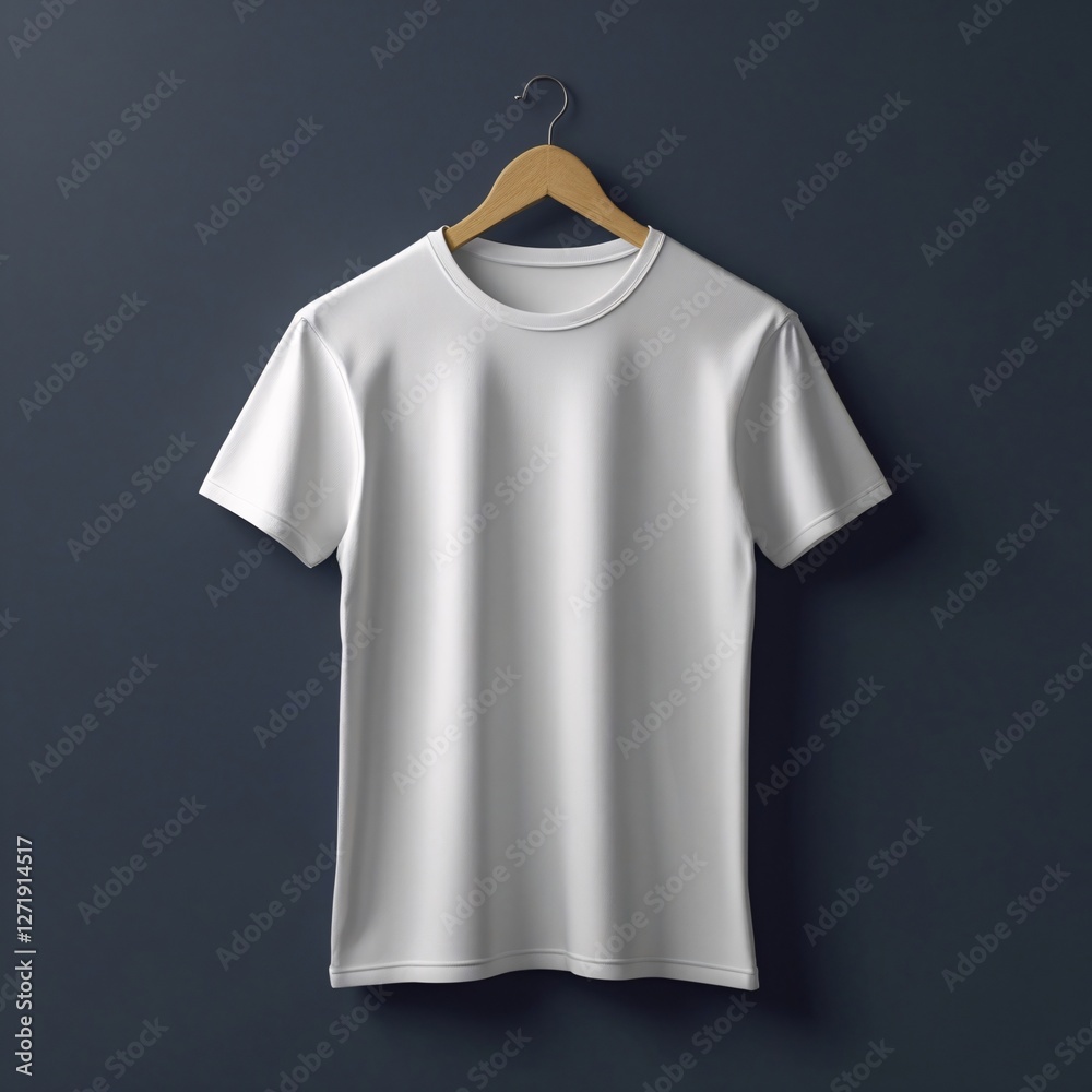White T-Shirt Hanging on a Wooden Hanger Against a Dark Wall White T-Shirt Hanging on a Wooden Hanger Against a Dark Wall