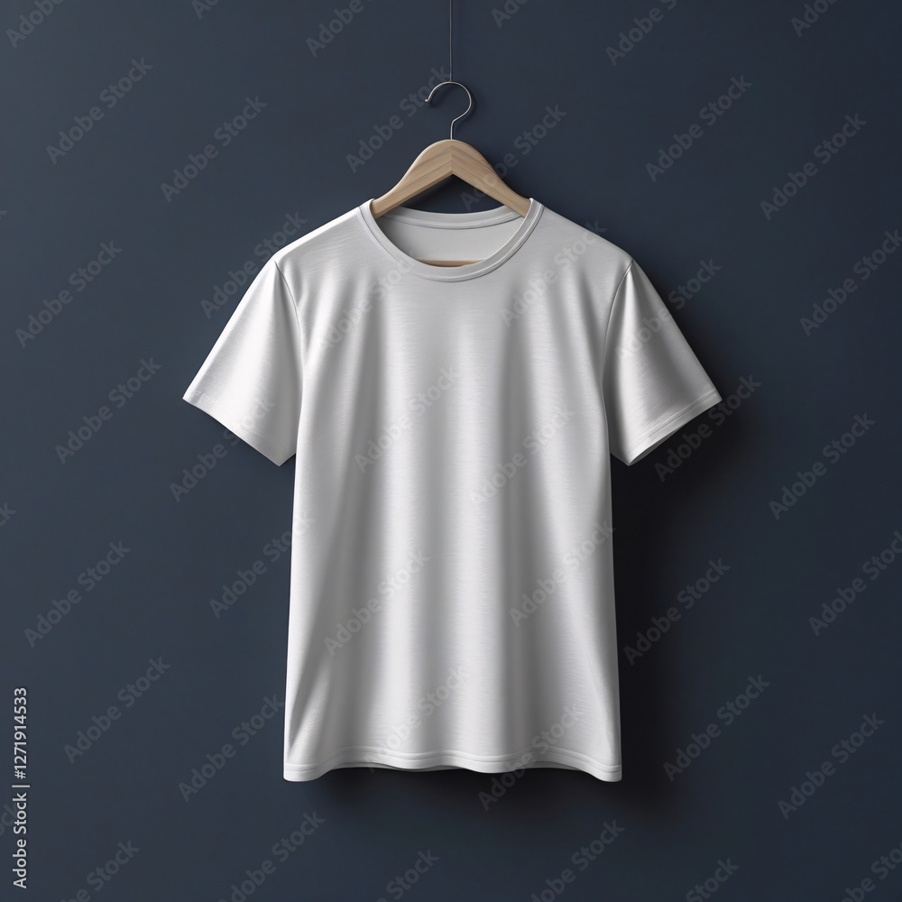 White T-Shirt Hanging on a Wooden Hanger Against a Dark Wall White T-Shirt Hanging on a Wooden Hanger Against a Dark Wall