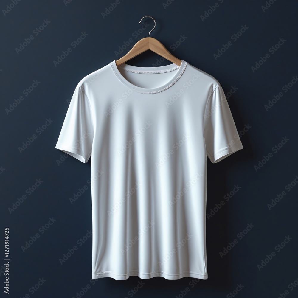 White T-Shirt Hanging on a Wooden Hanger Against a Dark Wall White T-Shirt Hanging on a Wooden Hanger Against a Dark Wall