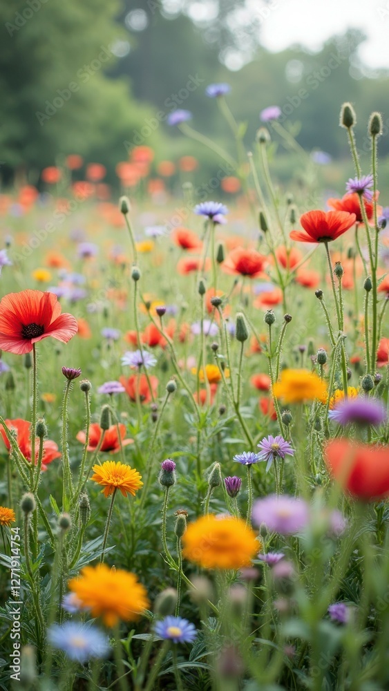 Obraz premium Vibrant wildflower meadow with poppies and daisies in bloom
