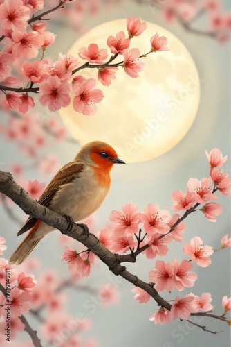 Wallpaper Mural Sparows sit on the tree brannches of red sakura, moon, sillhoutes Torontodigital.ca
