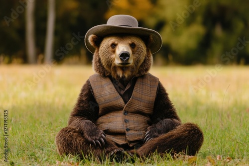 Bear dressed in a vest and hat sitting calmly in a grassy field during a sunny afternoon. Generative AI photo