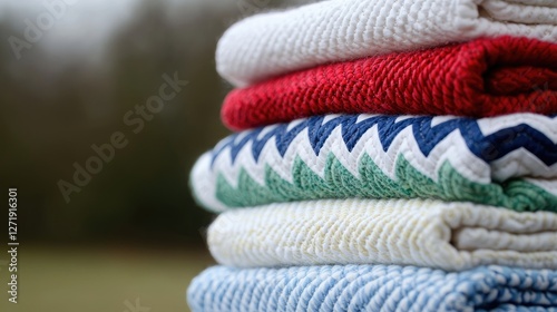 Stacked colorful blankets outdoors