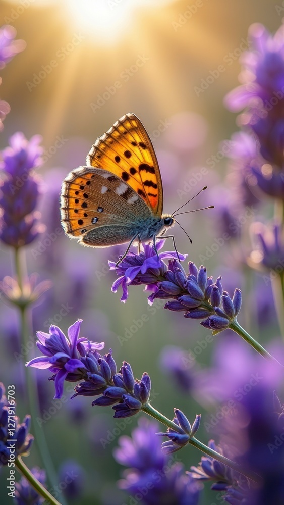 Vibrant butterfly on lavender with sunlit background in a serene nature setting Vibrant butterfly on lavender with sunlit background in a serene nature setting