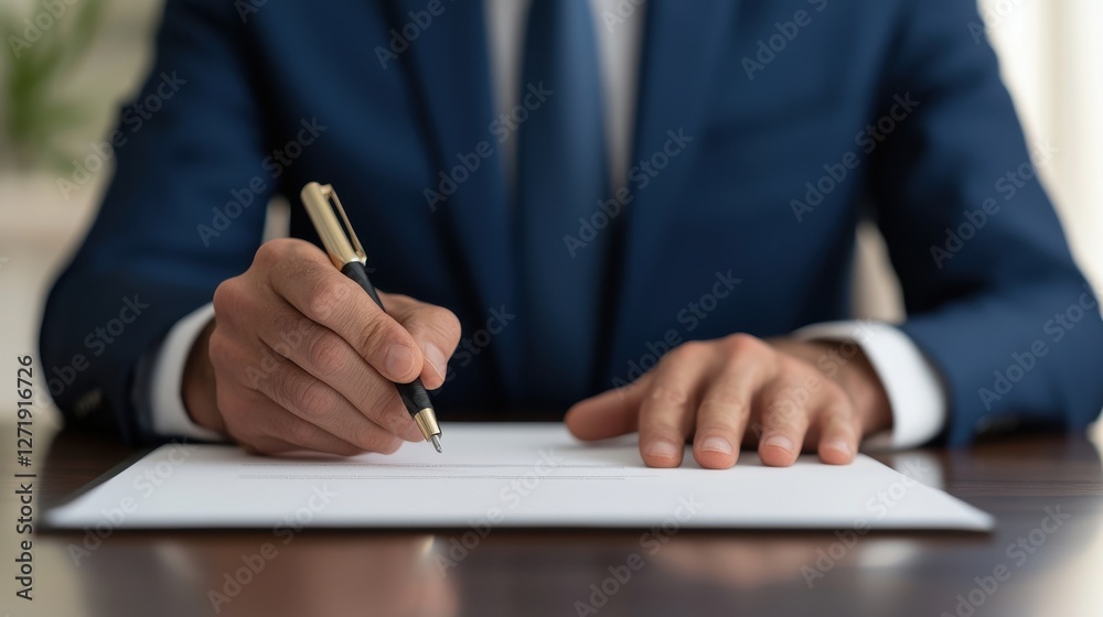 A businessman in a suit writes on paper with a pen, emphasizing professionalism and attention to detail in a formal setting. A businessman in a suit writes on paper with a pen, emphasizing professionalism and attention to detail in a formal setting.