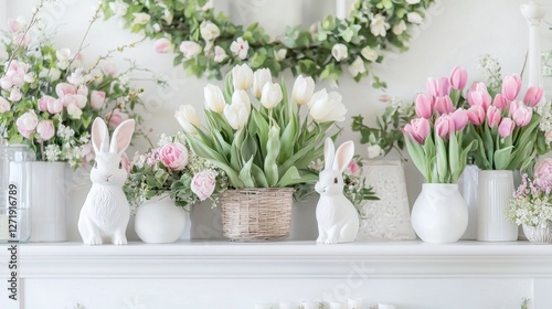 Wallpaper Mural Bright tulips and delicate roses create a vibrant display on the white mantel, complemented by playful bunnies. This delightful spring arrangement fills the room with warmth and joy Torontodigital.ca