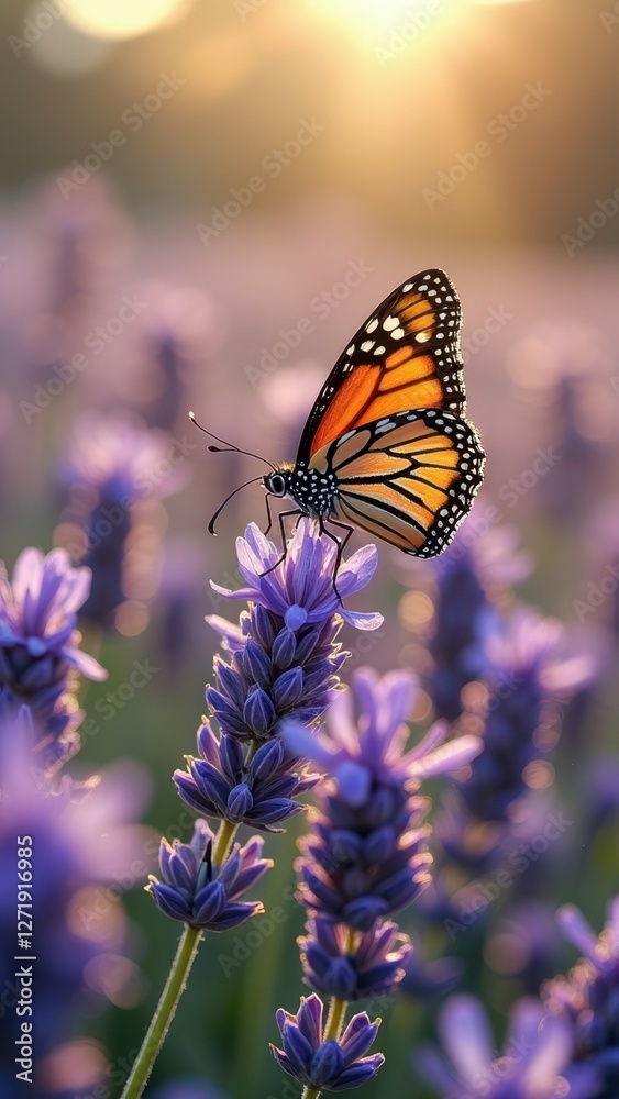 Monarch butterfly resting on purple lavender at sunset in glowing garden Monarch butterfly resting on purple lavender at sunset in glowing garden