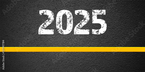 Asphalt road with yellow lane marking, concrete highway surface, texture. New year 2025. Street traffic line, road dividing strip. Pattern grainy structure, grunge background. Vector illustration