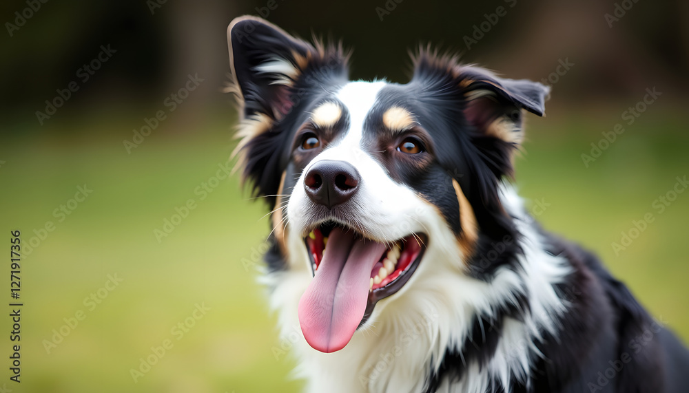 Head shot of a black and white Border Collie, panting and looking at camera, asian style. with white shades Head shot of a black and white Border Collie, panting and looking at camera, asian style. with white shades