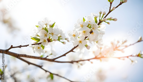 Spring day. Spring nature. Branches of blossoming cherry with soft focus on light blue sky background in sunlight. Beautiful floral image of spring nature. White flowers the fruit tree, Diffused lig
