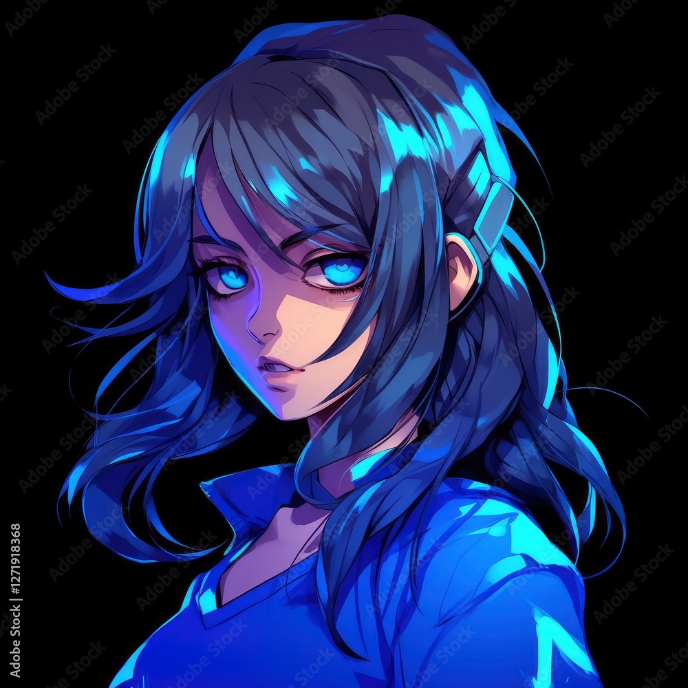 Naklejka premium Cute anime girl on the black background, Manga style anime character for t-shirt design