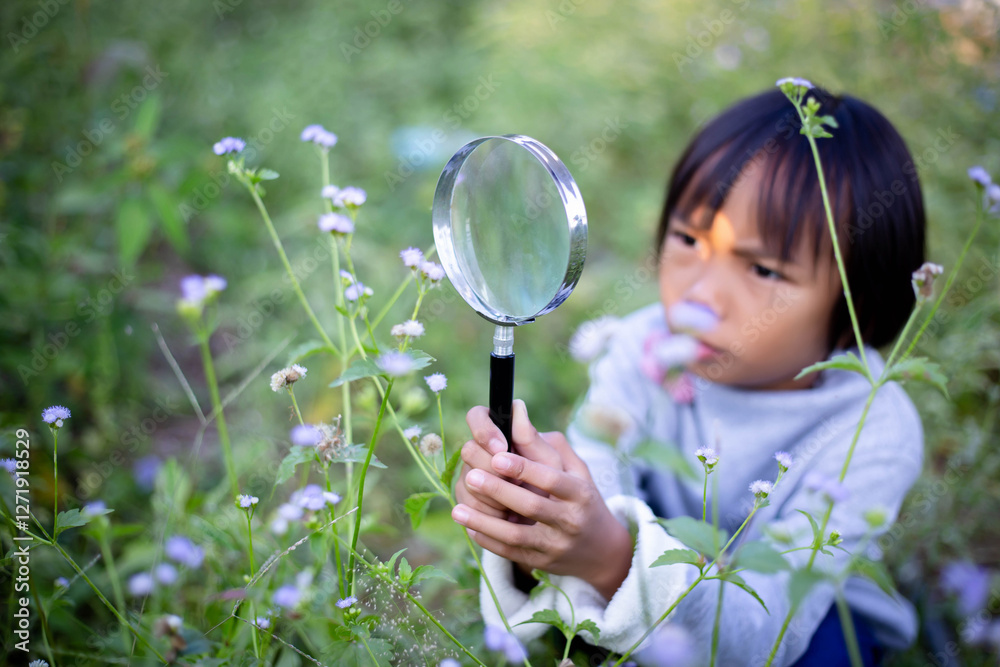 Kids exploring in forest with a magnifying glass