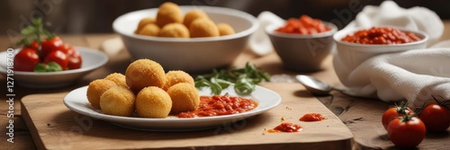 Dishcloth covered table with a steaming plate of arancini balls and a side of tangy tomato sauce, tomatoes, arancini, cheese
