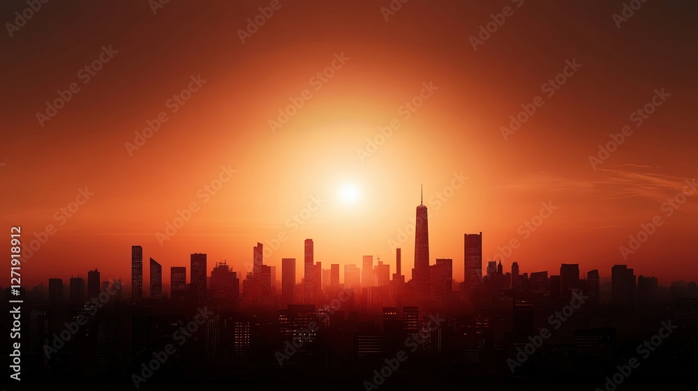 A city skyline is lit up by the sun, creating a warm and inviting atmosphere
