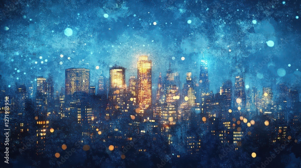 Fototapeta premium Cityscape painting depicts illuminated buildings against a dark blue night