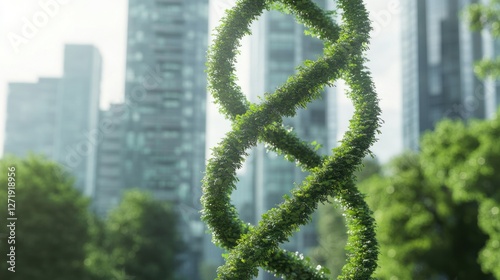DNA Double Helix Made of Green Leaves against a City Background