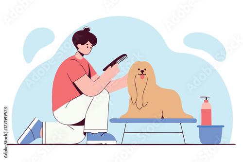 Professional male groomer brushing dog fur. Grooming service. Pet salon. Vector illustration