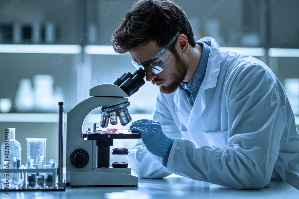 A dedicated scientist intensely examining a microscopic sample in a modern lab setting, wearing safety glasses, driving innovation through scientific exploration and precision. A dedicated scientist intensely examining a microscopic sample in a modern lab setting, wearing safety glasses, driving innovation through scientific exploration and precision.