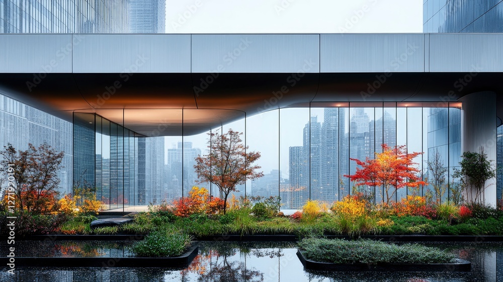 Fototapeta premium A serene urban oasis featuring modern architecture and vibrant autumn foliage in a tranquil setting