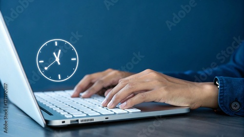Efficient time management in the digital workspace through typing on a keyboard with a clock overlay representing business technology solutions.