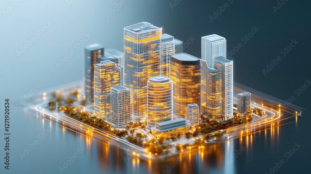 Obraz premium A stunning model of a futuristic city skyline with illuminated skyscrapers and vibrant surroundings at night.
