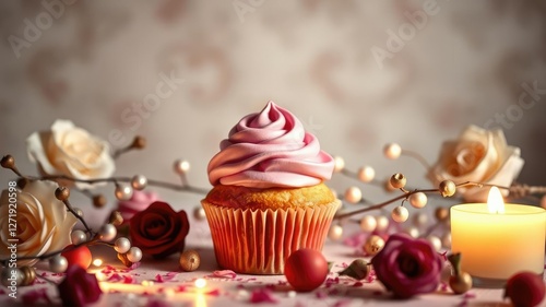 Elegant dessert table with a single spotlight on a superb cupcake surrounded by elegant decorations and soft lighting, gourmet, sweet treat