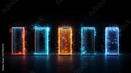 Vibrant, glowing refrigerator designs illuminated by colorful light effects, showcasing modern technology and innovation.