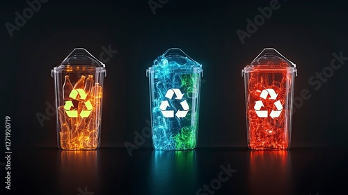 Three transparent recycling bins containing different types of recyclable materials, illuminated against a dark backdrop