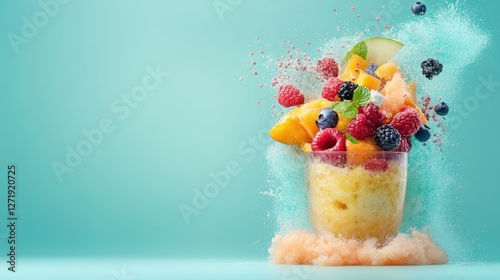 Vibrant fruit explosion in a glass showcasing a refreshing slushy dessert with colorful ingredients and ice
