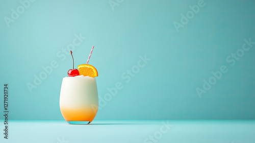 Refreshing tropical cocktail with layers of vibrant colors on a minimalist background, topped with cherry and orange slice