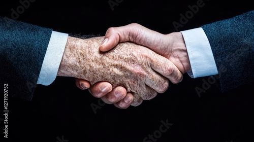 Two hands engaging in a firm handshake symbolize partnership and collaboration between generations in a professional setting.