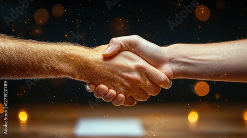 Two hands shaking in a symbolic gesture of agreement and partnership surrounded by soft glowing lights