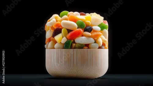 A vibrant assortment of colorful candied fruits and nuts beautifully arranged in a natural bamboo container on a dark background