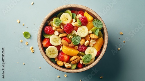 A vibrant and colorful bowl of fresh fruit salad topped with nuts and mint leaves on a light blue background