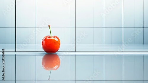 A minimalist arrangement featuring a glossy red apple on a reflective surface with modern glass background