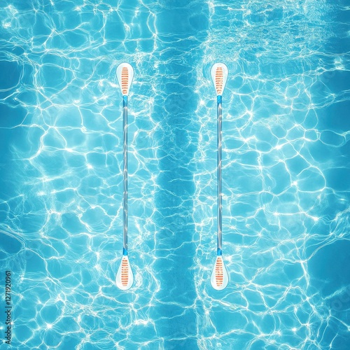 Paddles resting on the surface of a sparkling swimming pool, reflecting sunlight in a serene aquatic environment