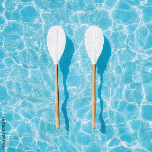 Two white kayak paddles resting in crystal-clear blue water, creating a serene and tranquil summer atmosphere