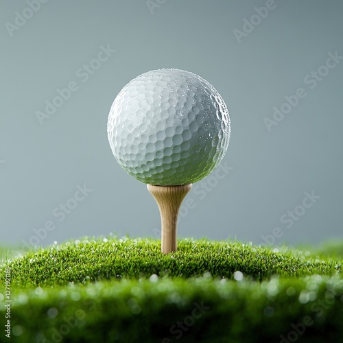 A close-up view of a golf ball resting on a wooden tee in an emerald grass setting, surrounded by dew droplets reflecting light.