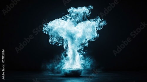 A mystical cauldron emits a swirling cloud of ethereal smoke against a dark background, evoking a sense of magic and mystery.