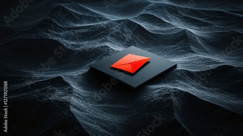 A striking red geometric shape resting on a textured black surface amidst flowing waves, symbolizing innovation and modernity