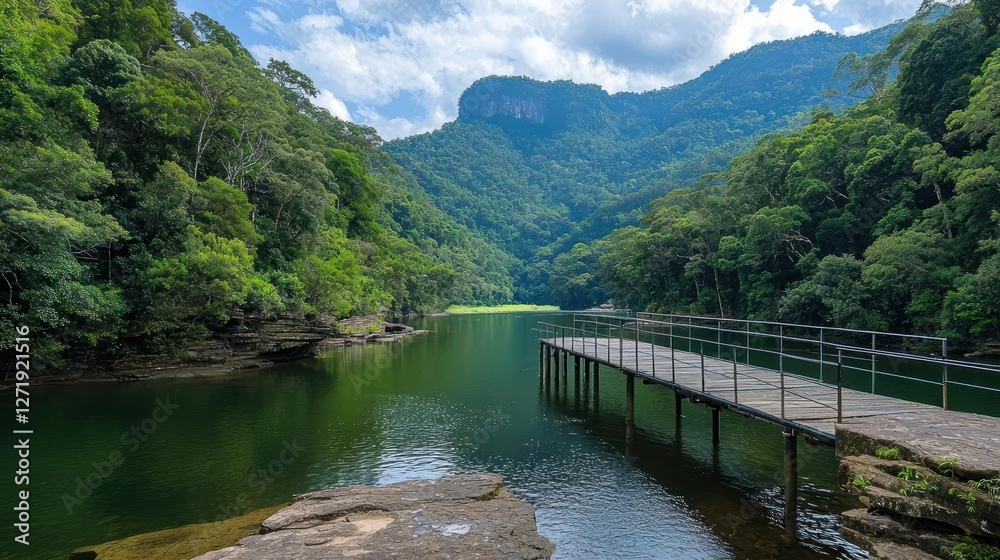 Serene Green Lake Landscape with Wooden Dock