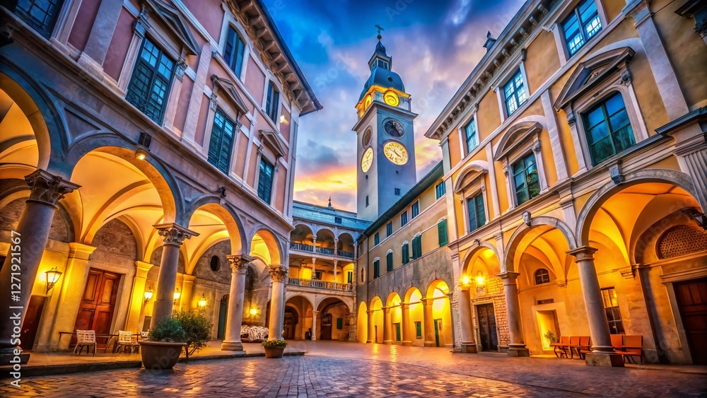 Fototapeta premium Genoa Palazzo Doria-Tursi Courtyard Low Angle Bokeh Bell Tower Clock Liguria Italy Stock Photo