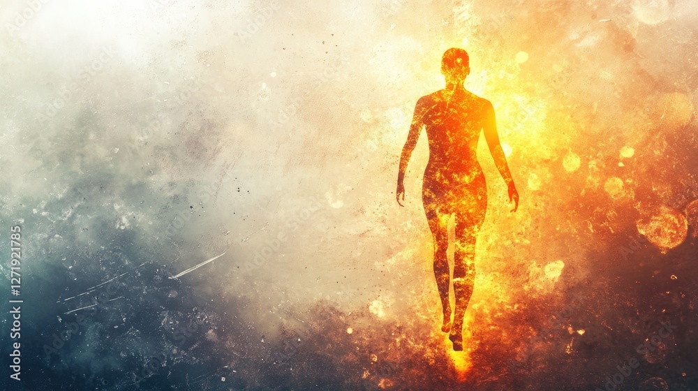 Naklejka premium A bright, glowing human figure stepping forward with determination.