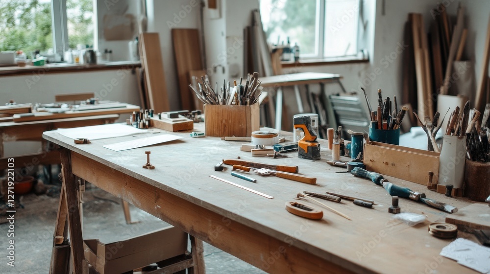 A messy work table with many tools and supplies A messy work table with many tools and supplies