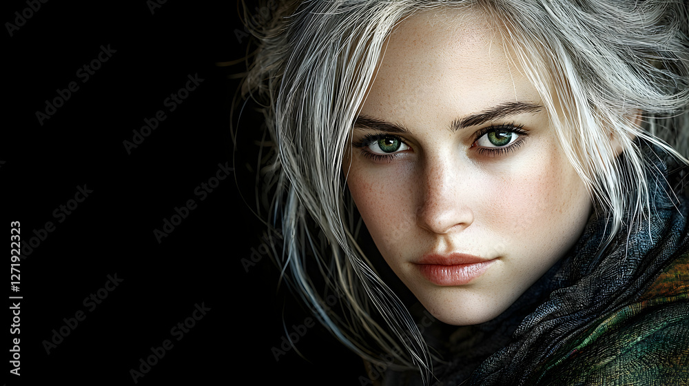 Fototapeta premium Woman, grey hair, intense gaze, dark background, portrait