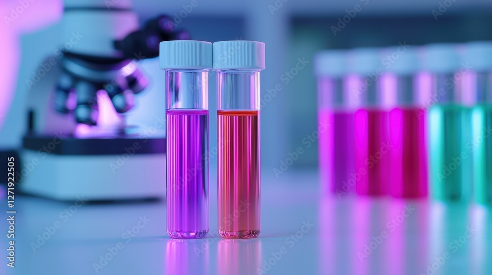 Two test tubes with colorful liquids stand in front of a microscope, showcasing vibrant hues in a laboratory setting. Two test tubes with colorful liquids stand in front of a microscope, showcasing vibrant hues in a laboratory setting.