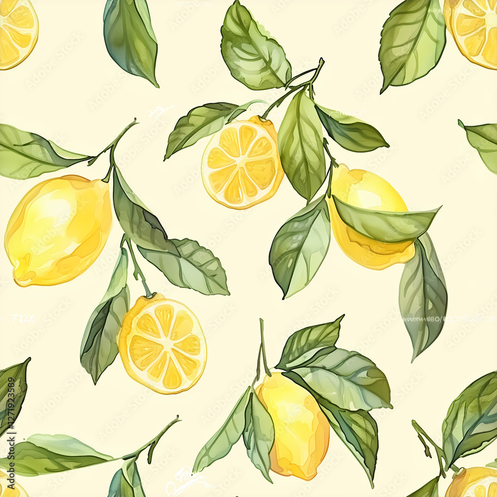 Seamless Watercolor Pattern with Fresh Lemons and Leaves Seamless Watercolor Pattern with Fresh Lemons and Leaves