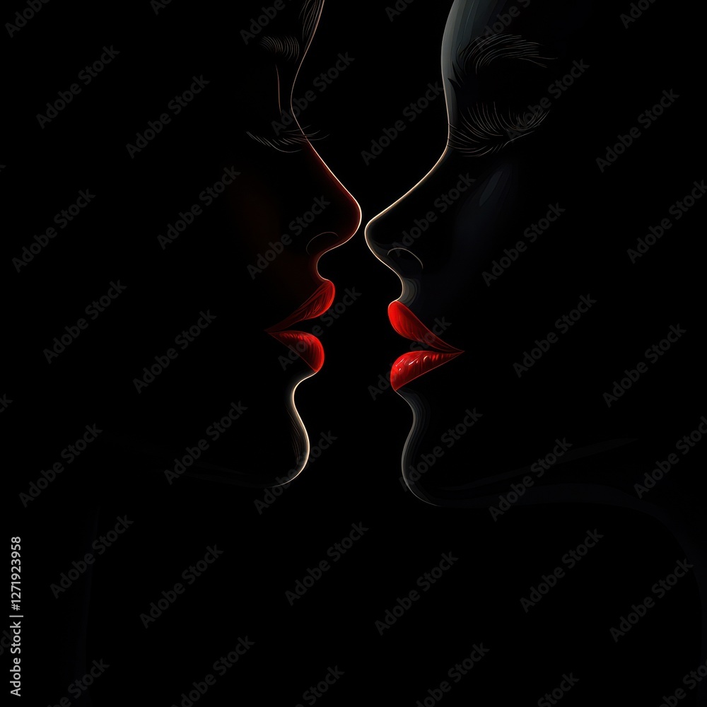 Two women are in silhouette with red lips Two women are in silhouette with red lips