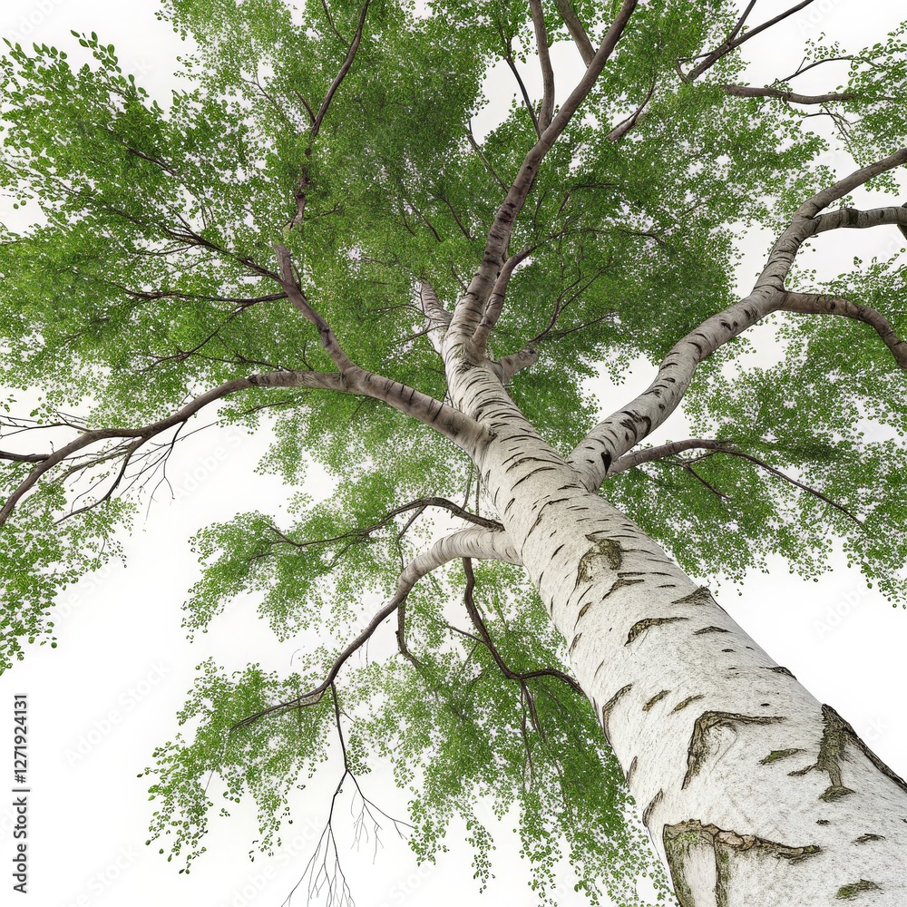 Fototapeta premium Low Angle View of Birch Tree 3D Render, Spring Foliage, Nature Concept, Birch Tree, Spring Birch Tree, 3D Render